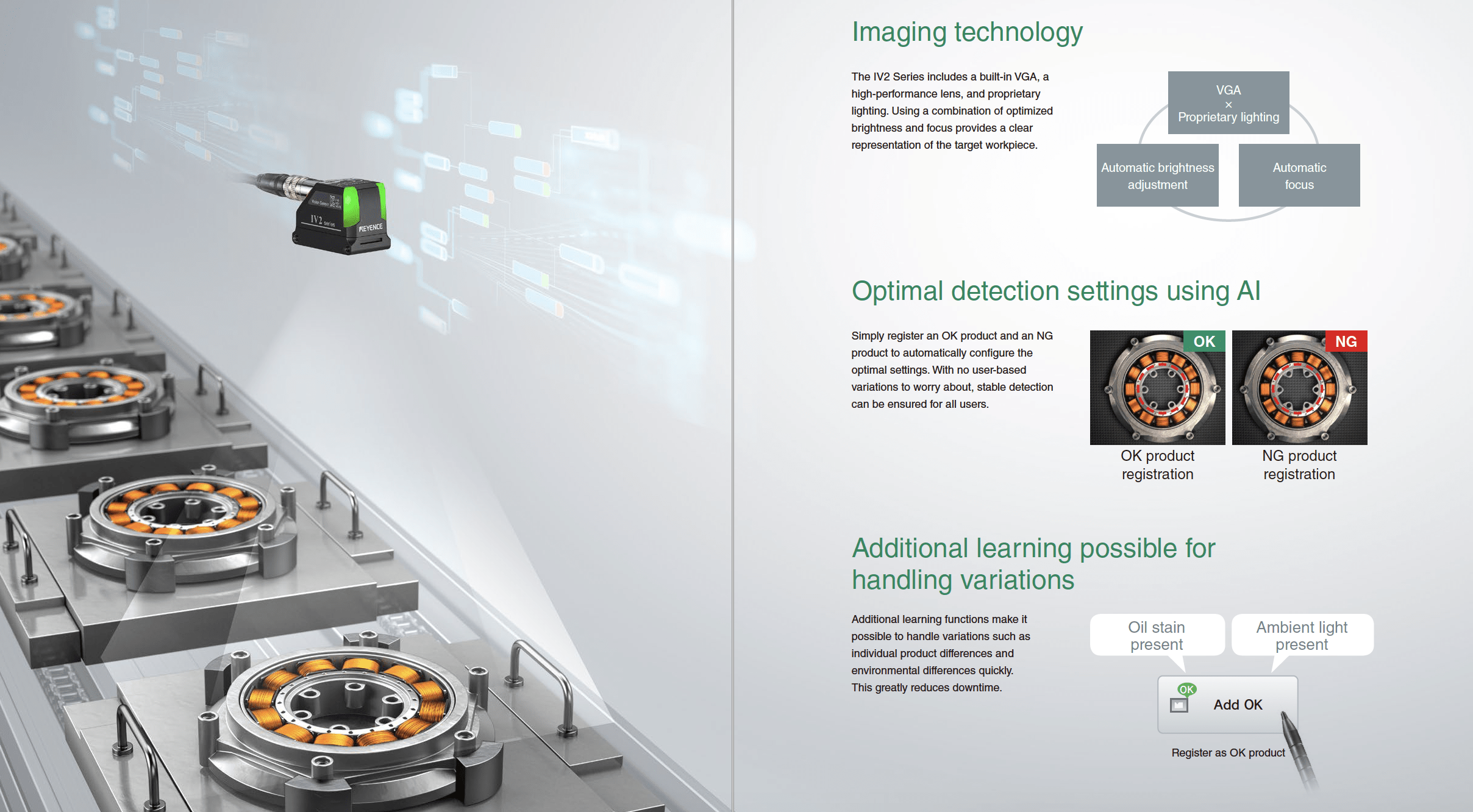 Built-in AI specializing in GO/NO GO inspection results in stable detection in any environment
