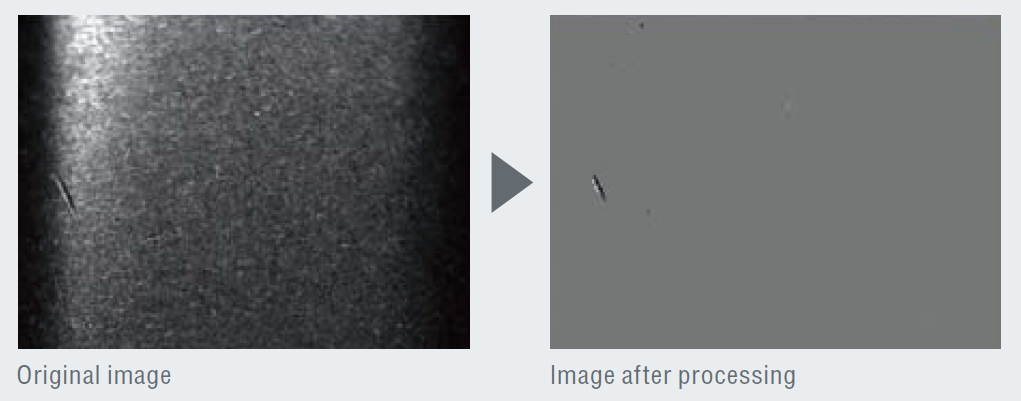 Cancels uneven lighting produced by curved surface areas on cylindrical workpieces and extracts only arbitrary flaws such as bright or dark defects.